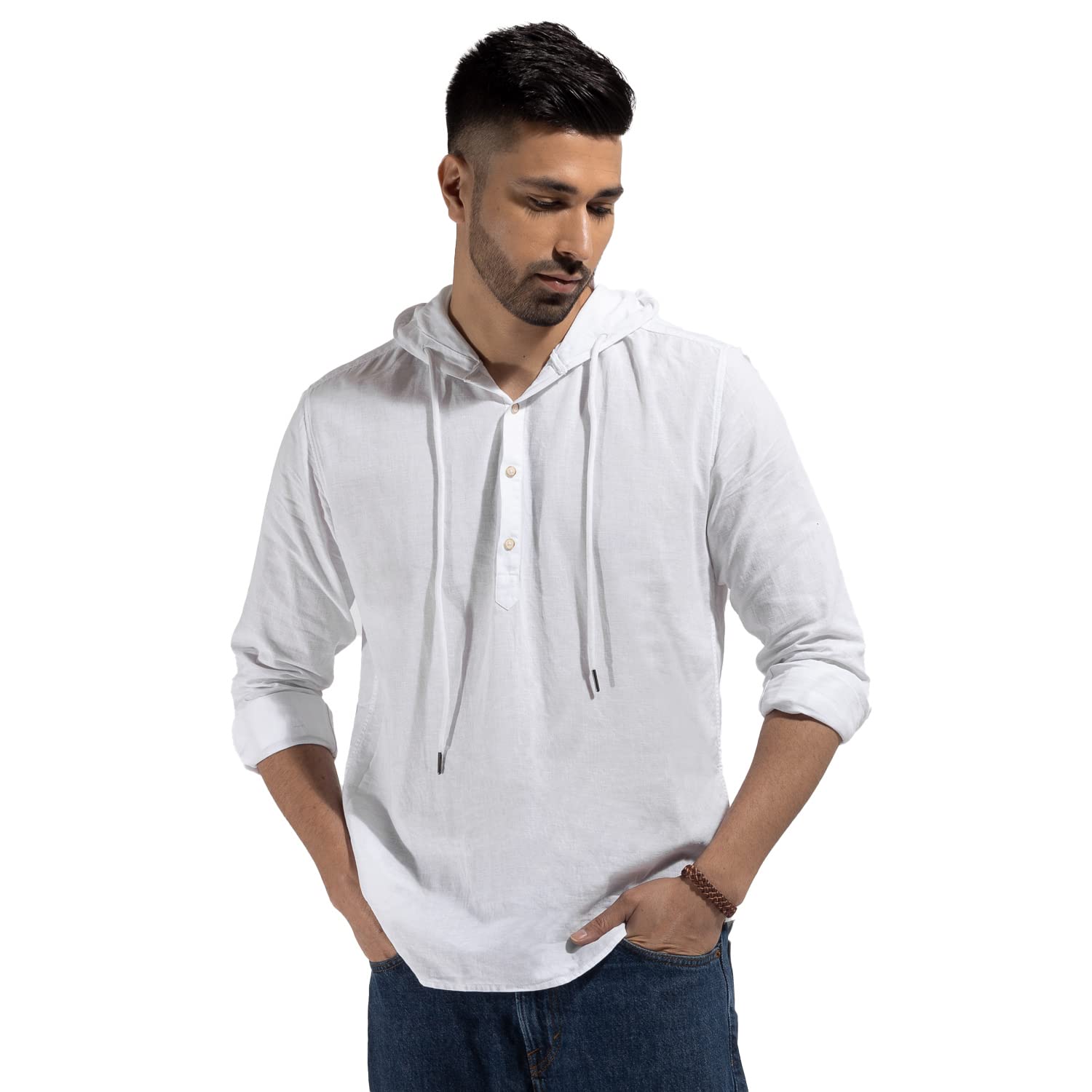 Full Sleeves White Woven Hoodie Shirt