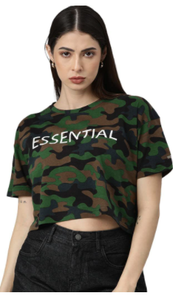 Veirdo Cotton Drop Shoulder Half Sleeve Camouflage Crop T-Shirt for Women/Girls